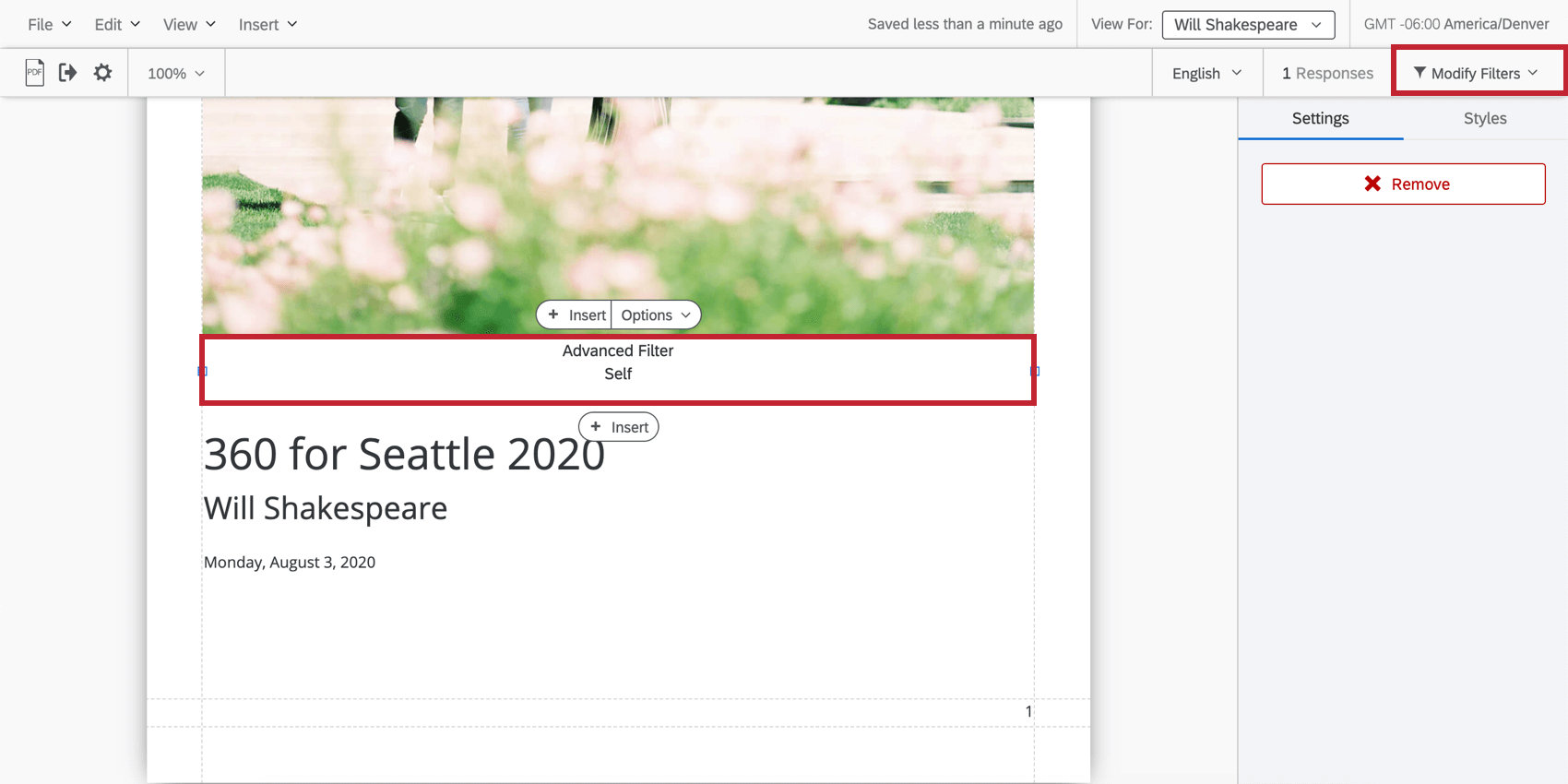 Resumo Filtro adicionado ao relatório, com Modificar filtros destacado no canto superior esquerdo