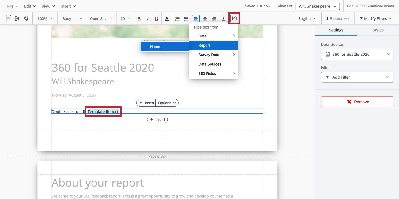 Piped Text menu in 360 reports