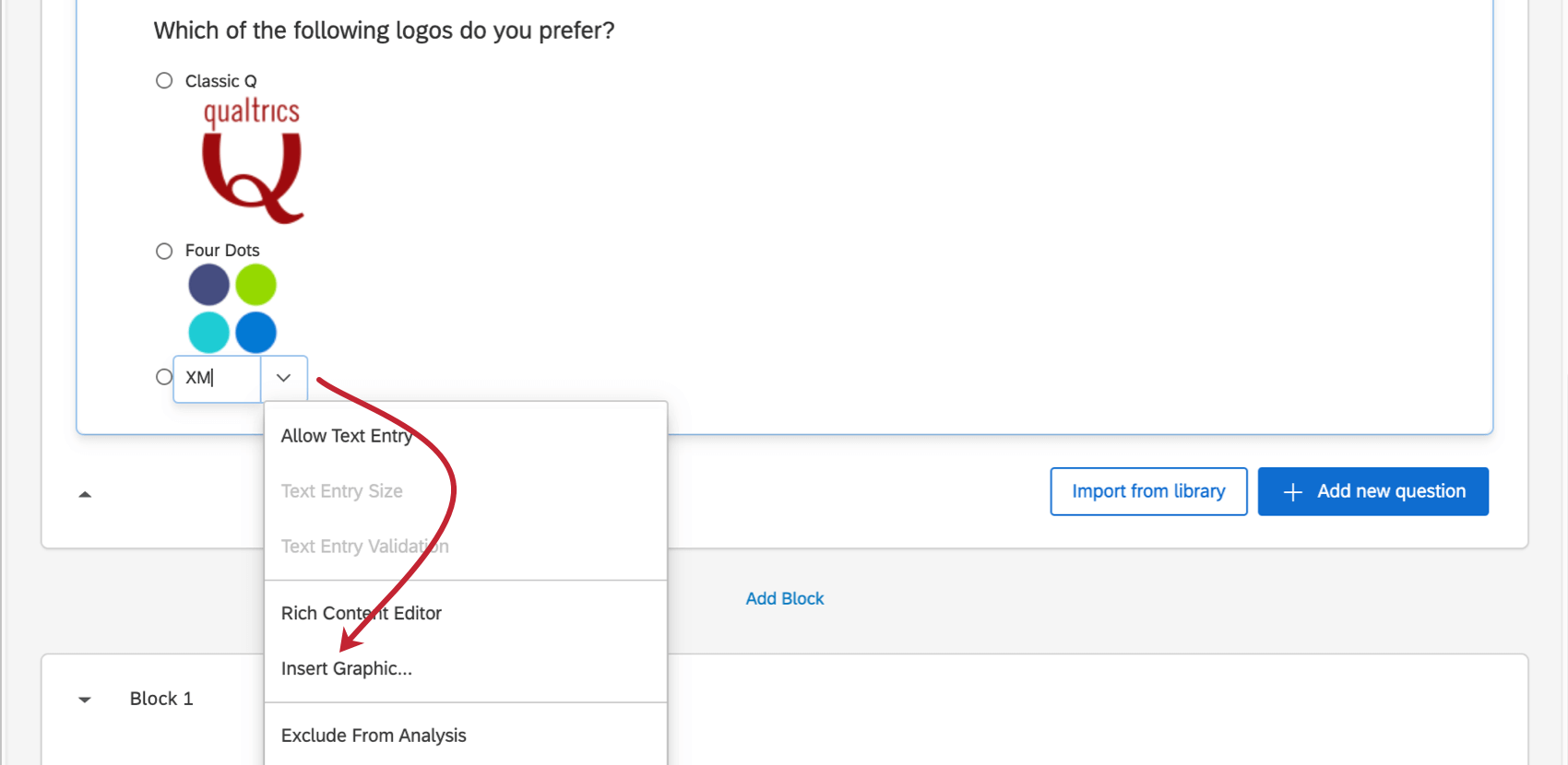 On a choice in a question, the blue dropdown expands a menu, and one of the options is insert graphic