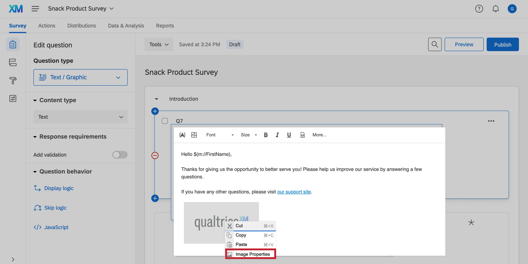 Image Properties option appears by right-clicking on the inserted graphic