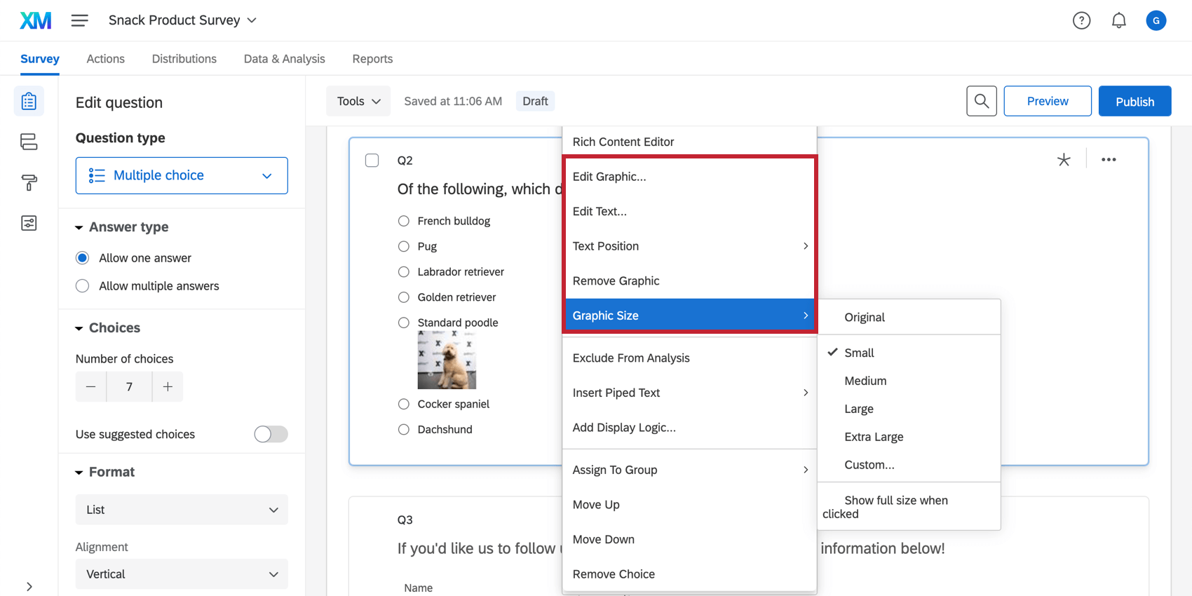 Additional image options showing the graphic size drop down menu