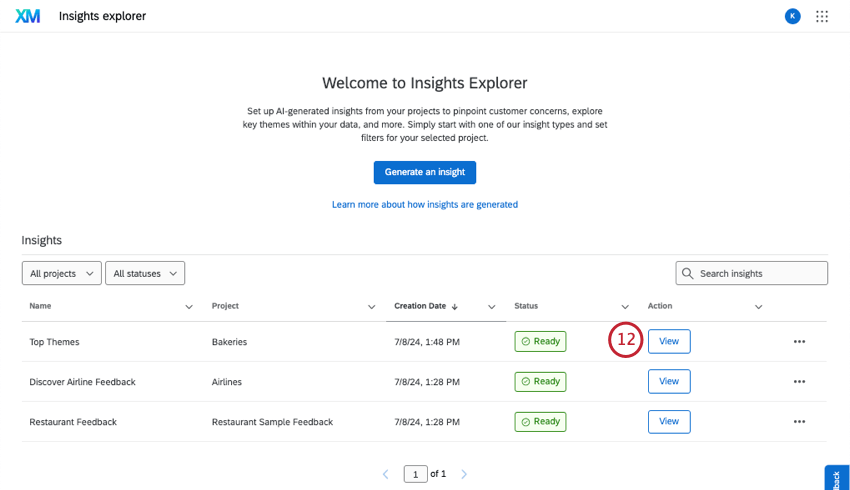 insights explorer lists insights, view button next to each insight