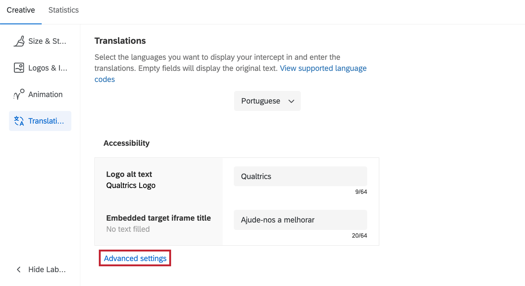 Configuración avanzada en la parte inferior de la pestaña Traducciones