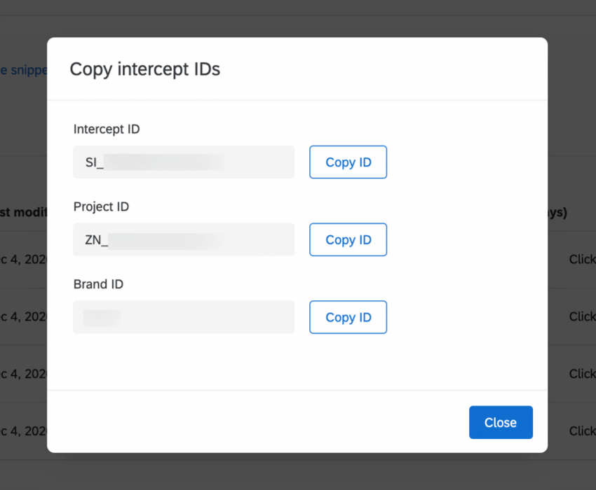 new window where you save intercept IDs to your clipboard