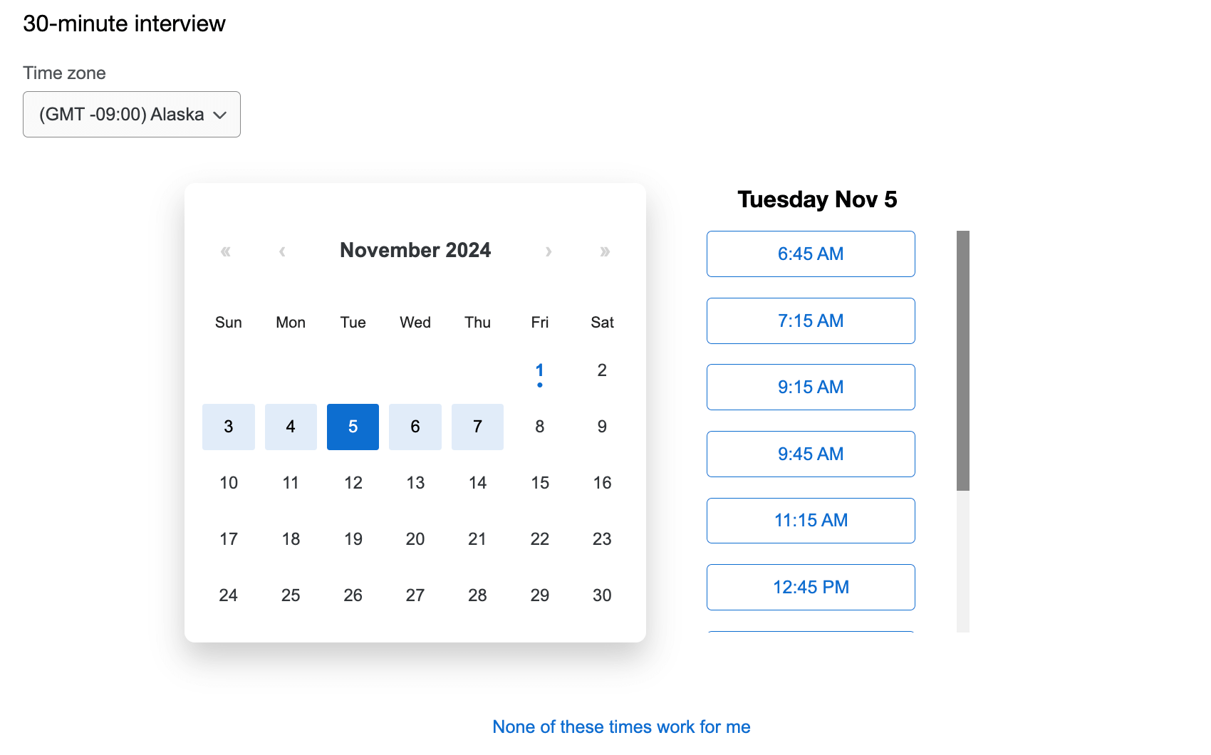 vista del calendario di come il tipo di domanda del selezionatore di interviste appare ai rispondenti nel sondaggio