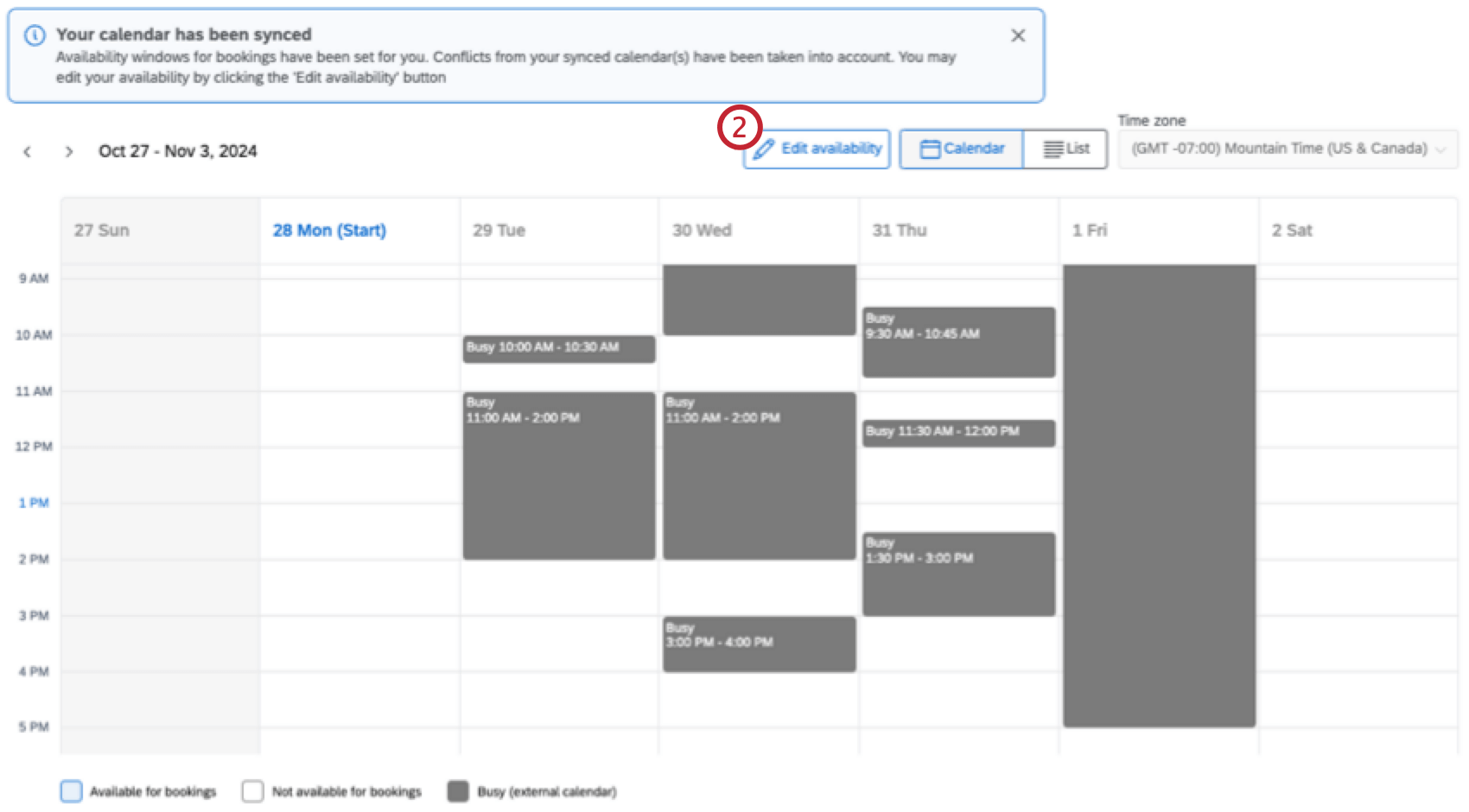"Edit availability" button on calendar