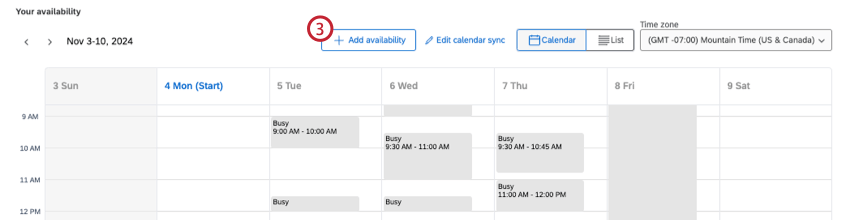 "add availability" button to begin adding time slots to calendar