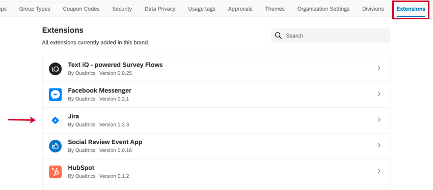 管理画面の拡張機能タブにある jira 拡張機能