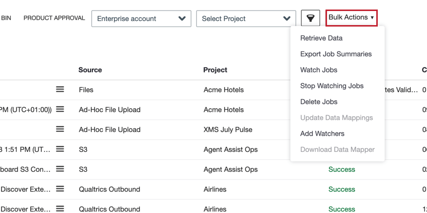 le menu Actions en bloc en haut de la page Tâches