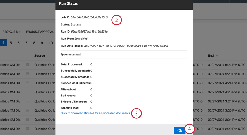 visualizar as estatísticas de execução e fazer download dos relatórios anexados