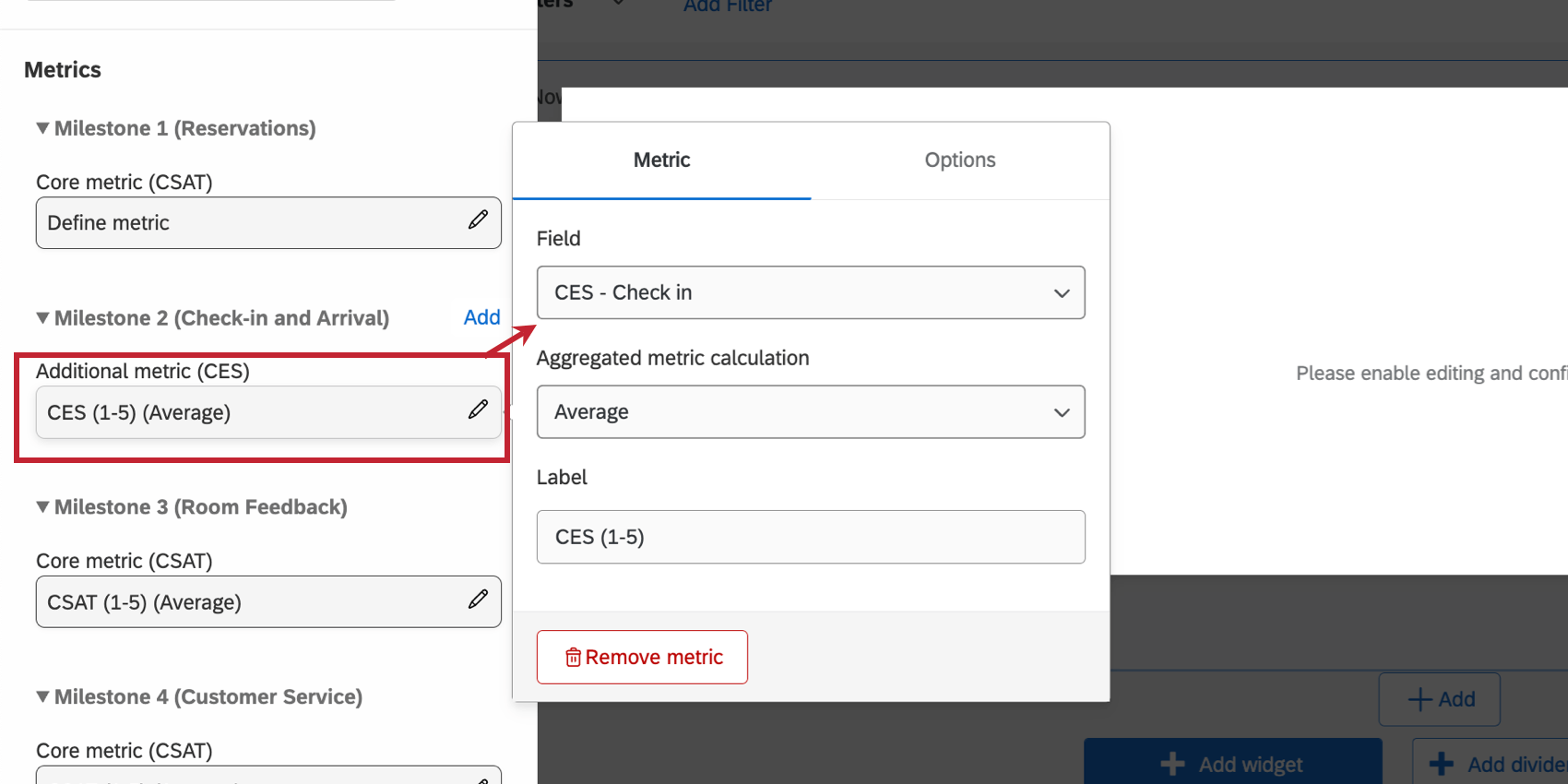 le panneau dédition du widget de la carte du voyage, sous la rubrique "métriques", contient une liste de jalons, avec des options permettant dajouter une métrique pour chaque jalon