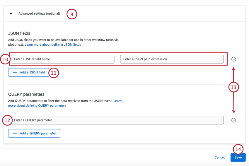 defining event data in the advanced settings section