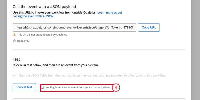 El evento json esperando recibir un evento de su sistema externo