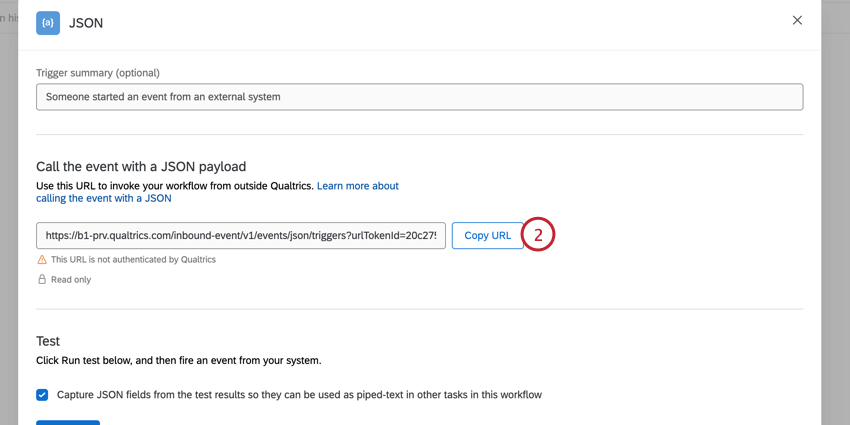 clicking copy URL in the JSON event
