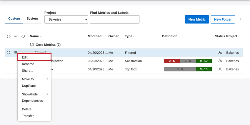 edit option under metric dropdown