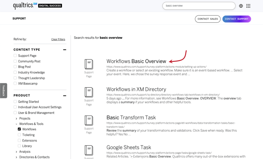 eine Beispielsuche auf der Supportseite, auf der nach Workflows gefiltert wird