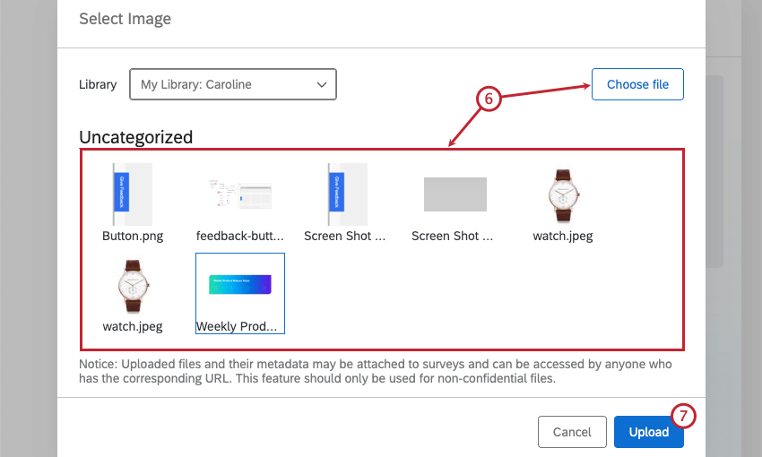 image upload options in the library