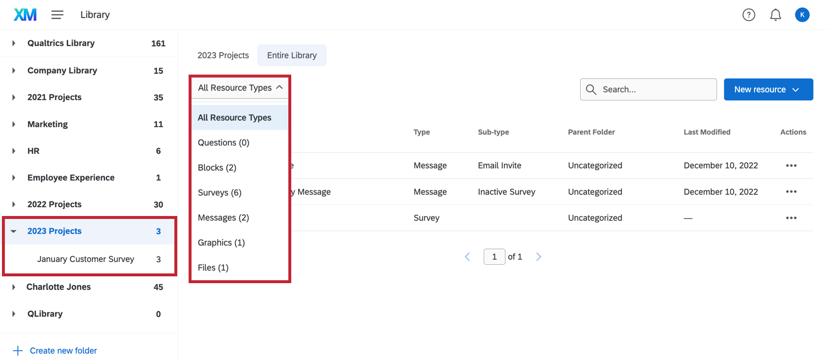 All Folders section on top and options to show specific type of resource