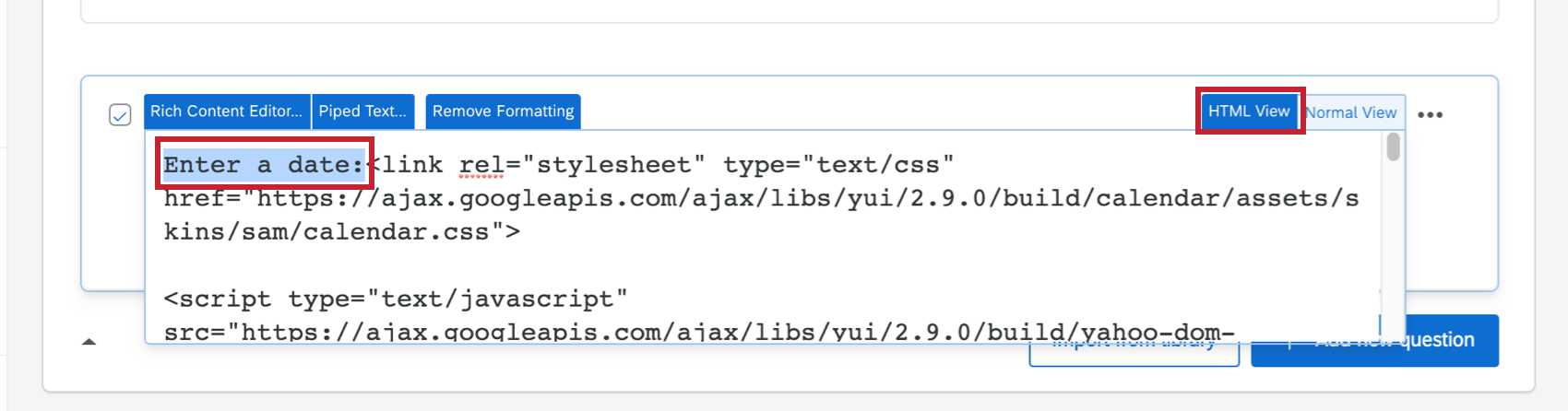 A question with the HTML View selected and the Enter a Date text highlighted