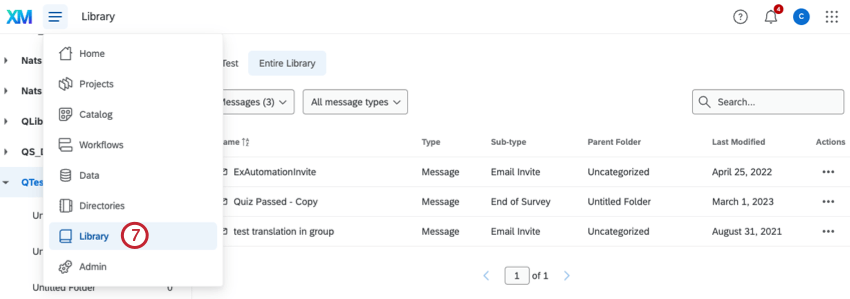 image of the message library tab found by clicking library in the top right hand corner of your account. The messages library is selected. The next/previous button text message is highlighted. The Translate Message option is found by clicking the grey gear to the right of the library message.