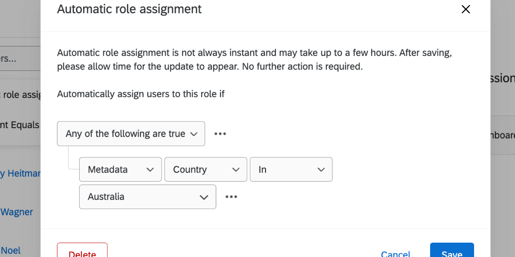 example of the condition "metadata" "country" "in" "australia"