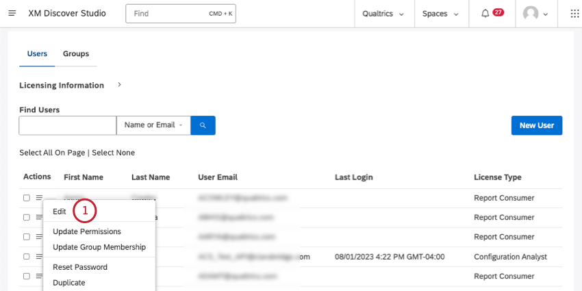 ユーザーとグループのユーザーページ。ユーザーの次へメニューが開き、編集が選択されている。