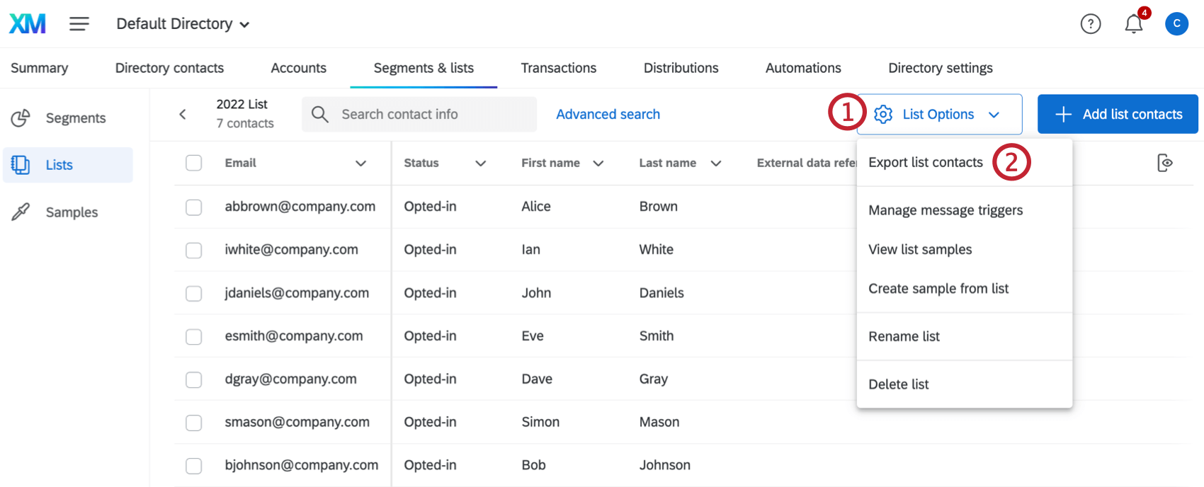 Lista Options expandido e Export Lista Contacts selecionado