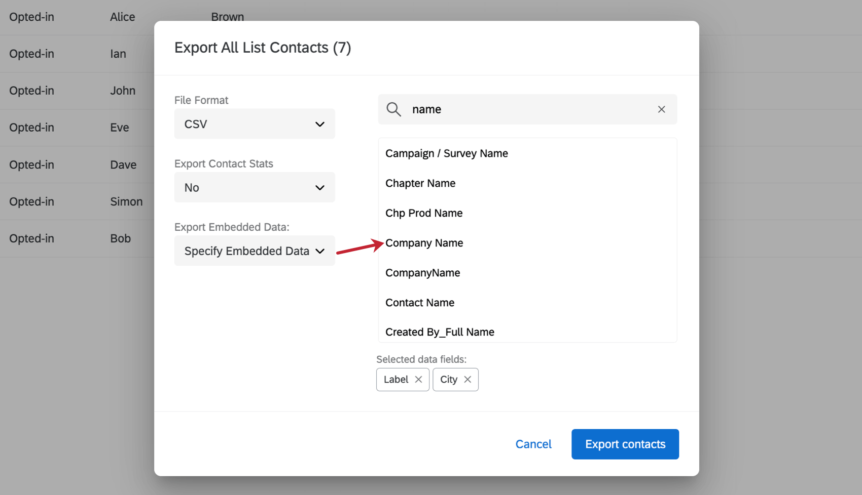 Specify Embedded Data is selected and a box of selectable fields appears to the right
