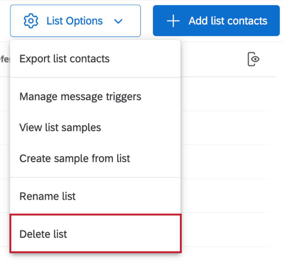 Option Supprimer la liste sous Options de la liste