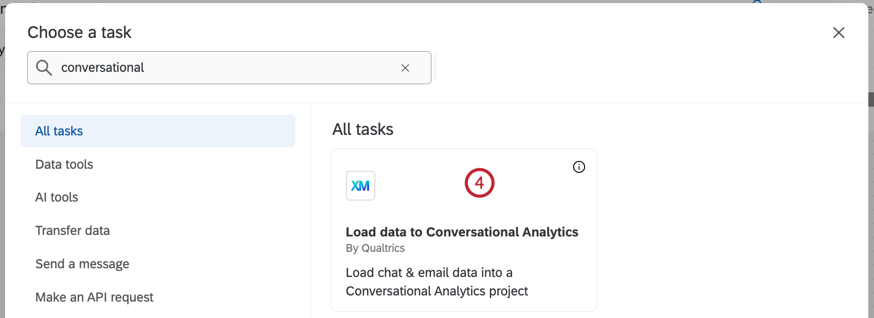 load data to conversational analytics task highlighted within a workflow