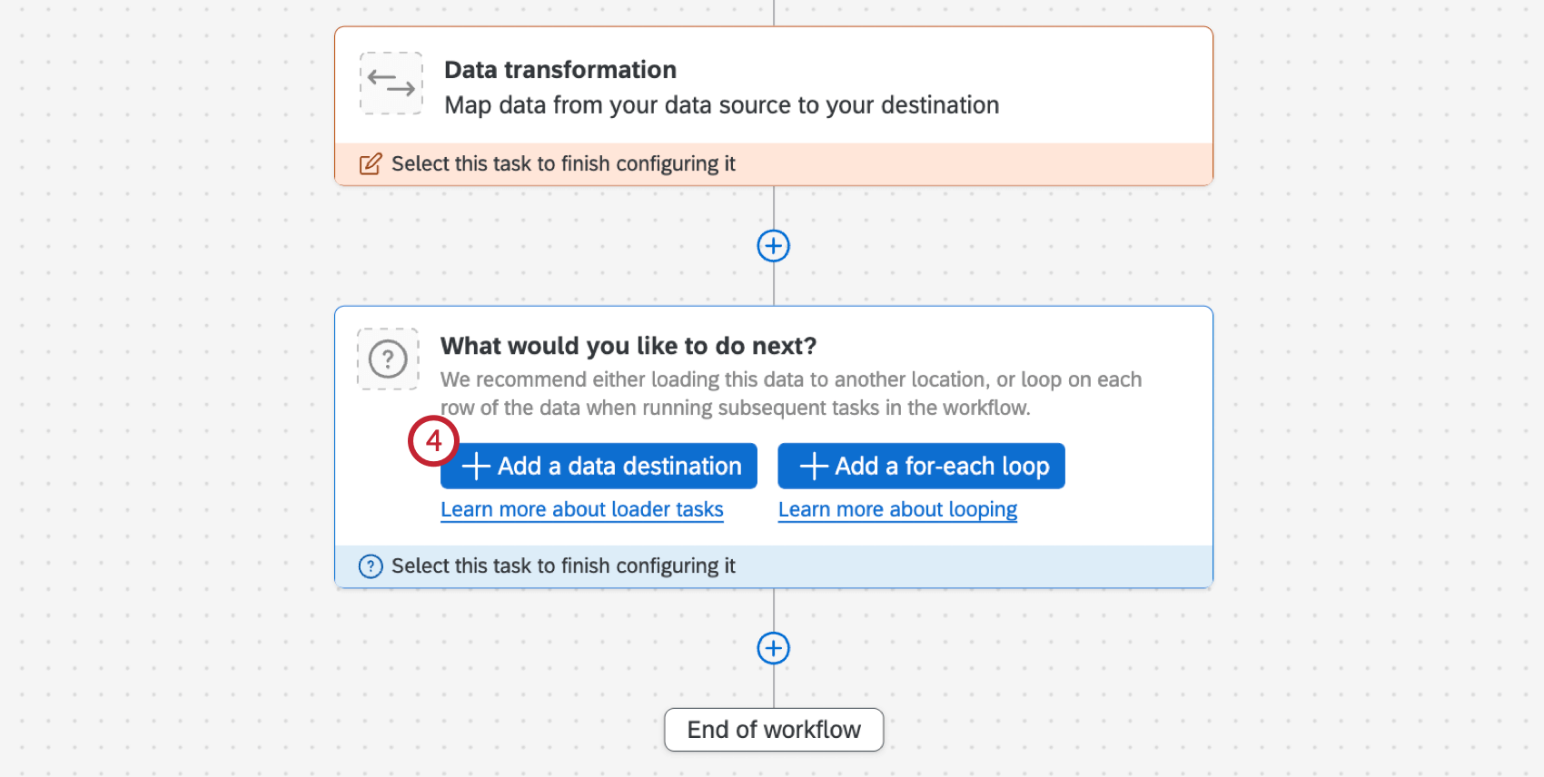button to add a data-destination to an ETL workflow