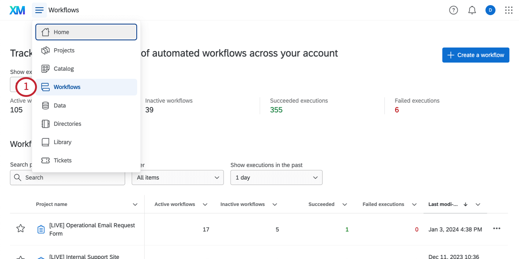 Opening hamburger navigation menu at the top of every Qualtrics screen and selecting workflows