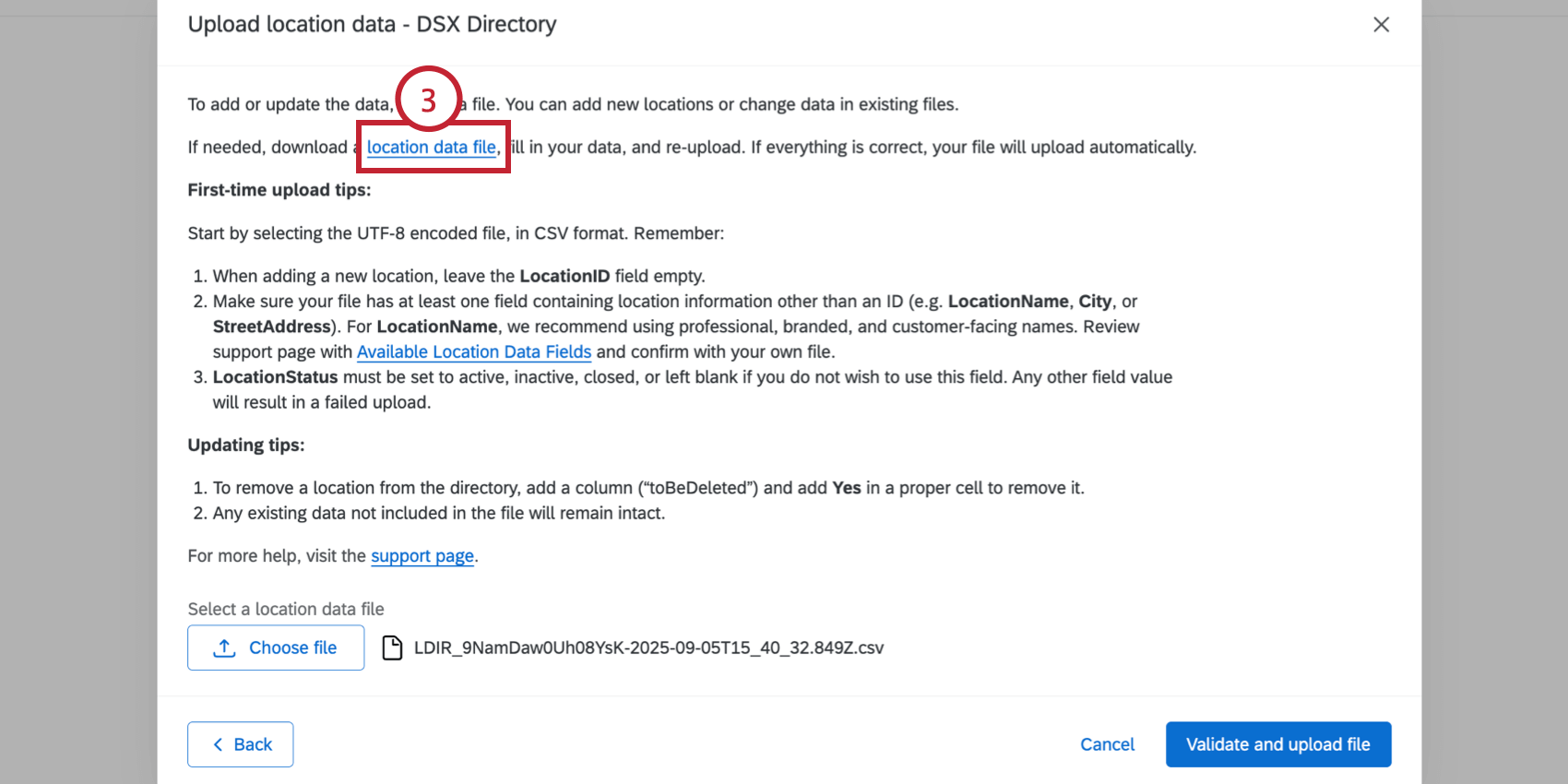 clicking "location date file" to download the template