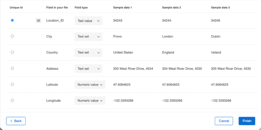 During imported data project creation, the step where it previews your fields and you set types; there is the option to set a unique ID