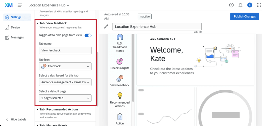 selecting a dashboard to view in the view feedback tab