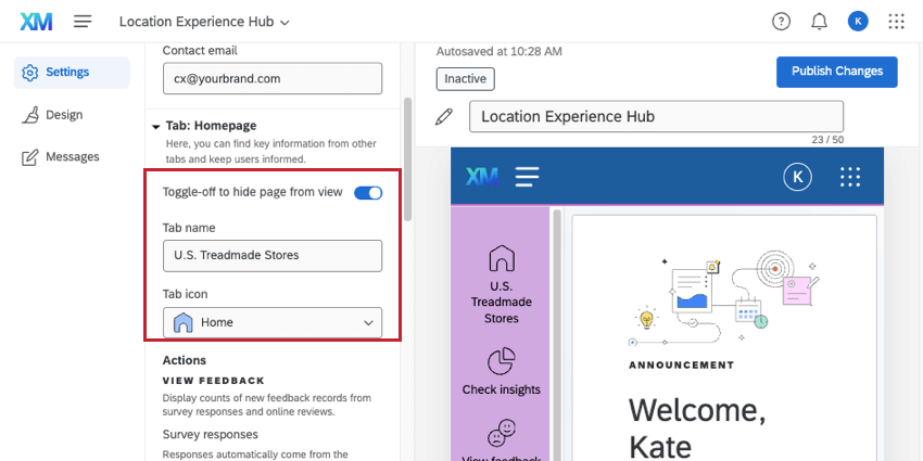 editing location experience hub. tab homepage is expanded, showing options for naming and tab icon