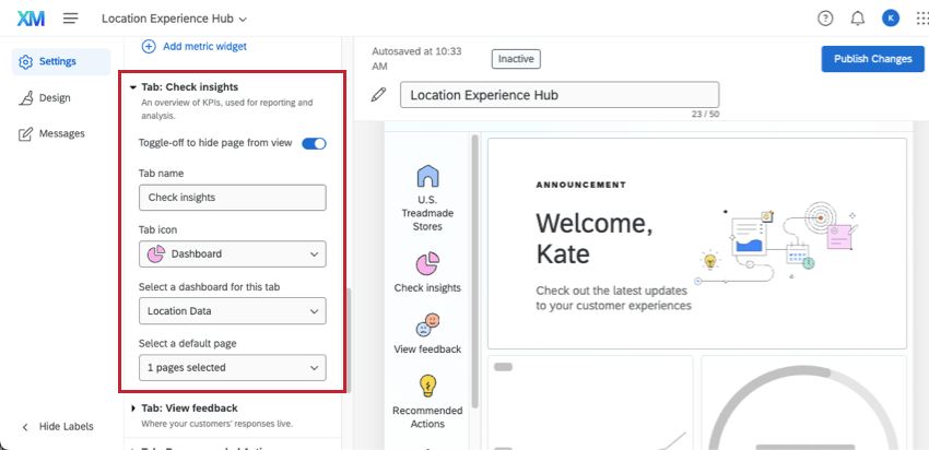 selecting a dashboard to display in the check insights tab