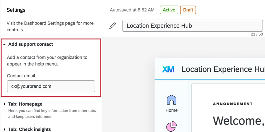 adding a support email to the location experience hub