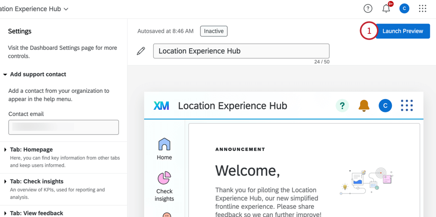 Al hacer clic en iniciar la vista previa en el hub de experiencia en la ubicación