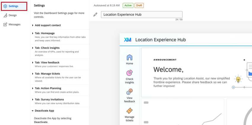 The Settings tab in location experience hub