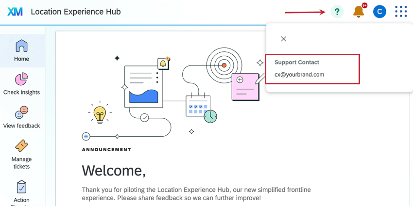 viewing the help email in the location experience hub by clicking the ? in the top right