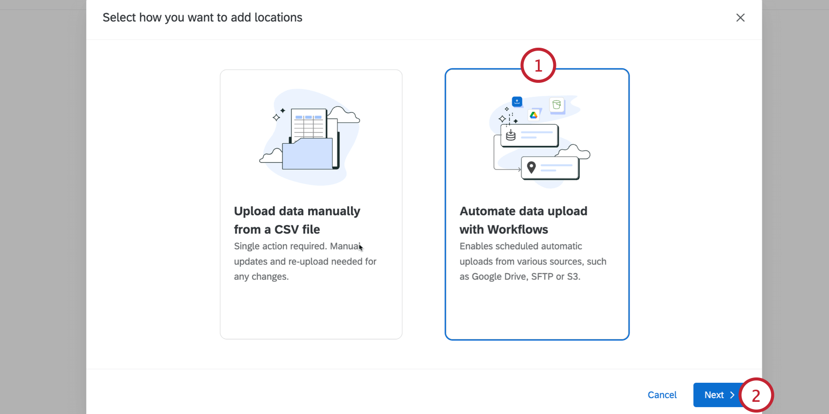 le choix de loption de flux de travail pour le téléchargement des données de localisation