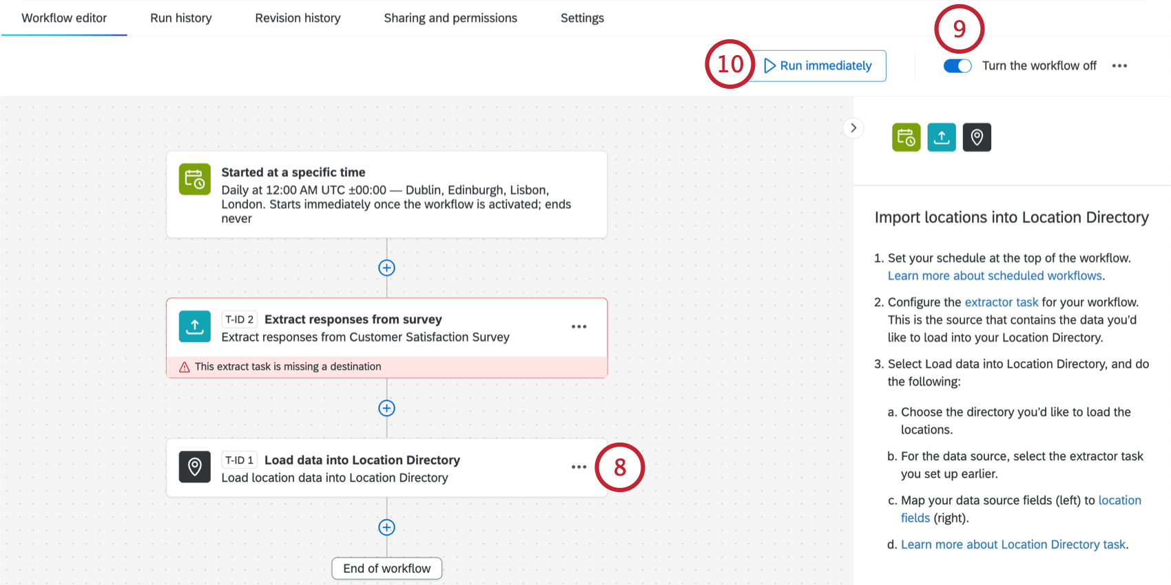 konfigurieren der Aufgabe "Location Loader", Aktivieren des Workflows und Ausführen desselben