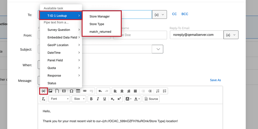 das Menü dynamischer Text für eine Aufgabe, das die Lookup-Ausgaben anzeigt