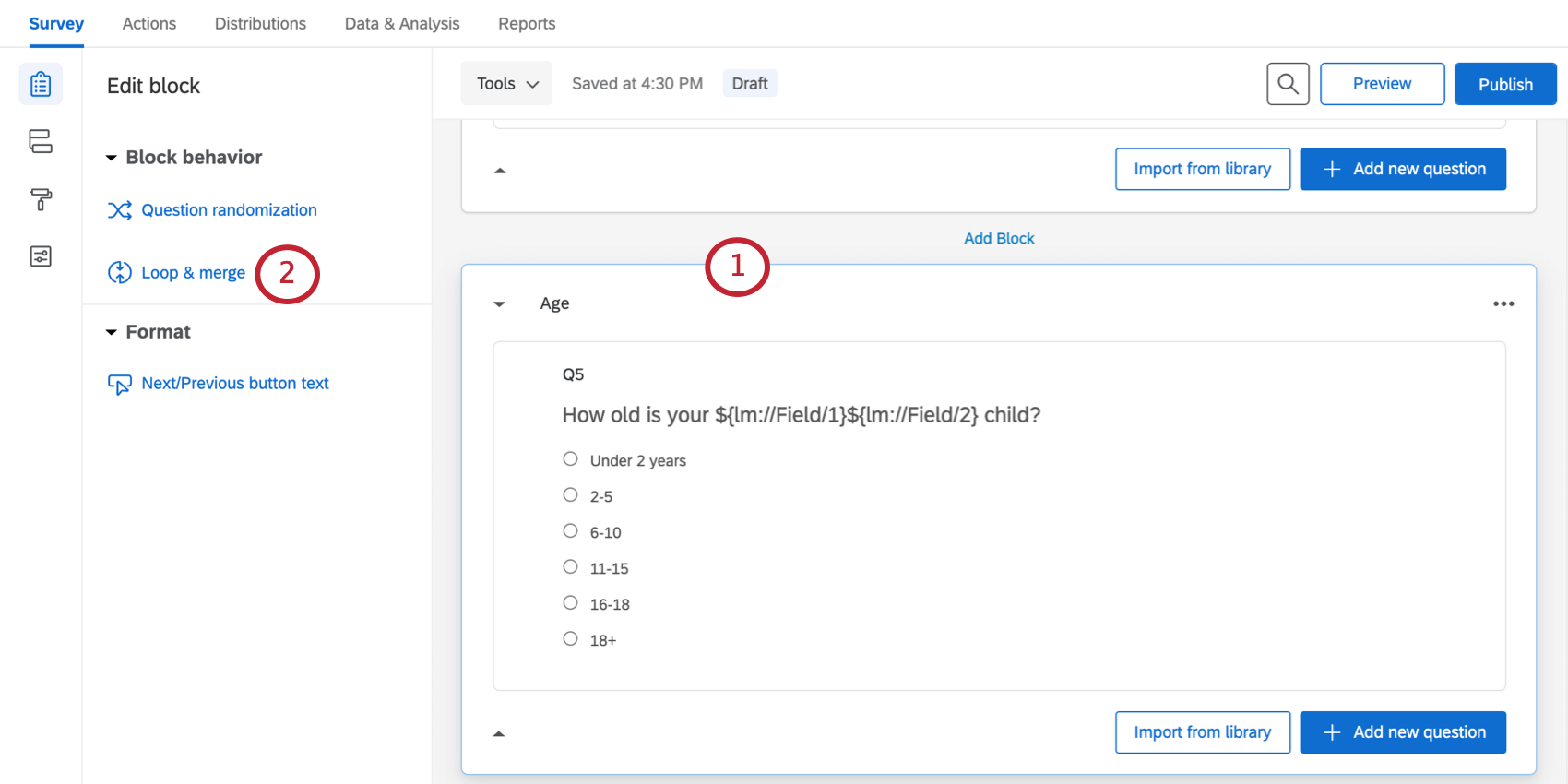 ブロックをクリックすると、左側の編集ペインに［ループと結合］オプションが表示されます。