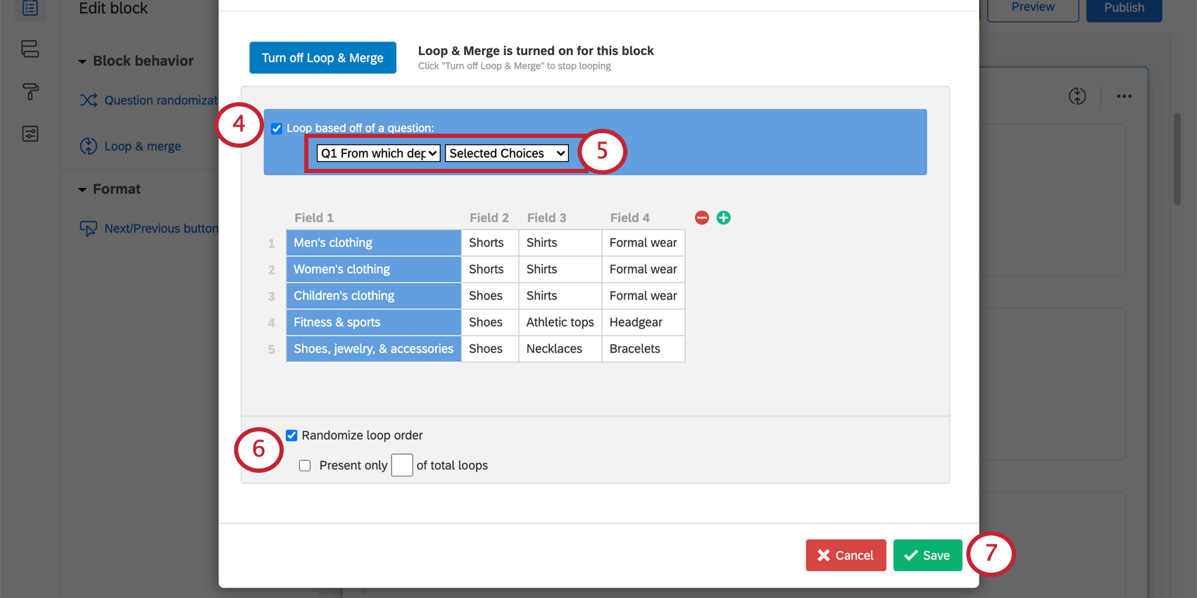 Pergunta selecionada para o loop com base em. Randomiza a ordem do loop selecionado. Botão Salvar no canto inferior direito da janela Loop e Mesclar