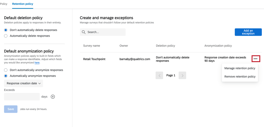 clicking the menu options for an exception