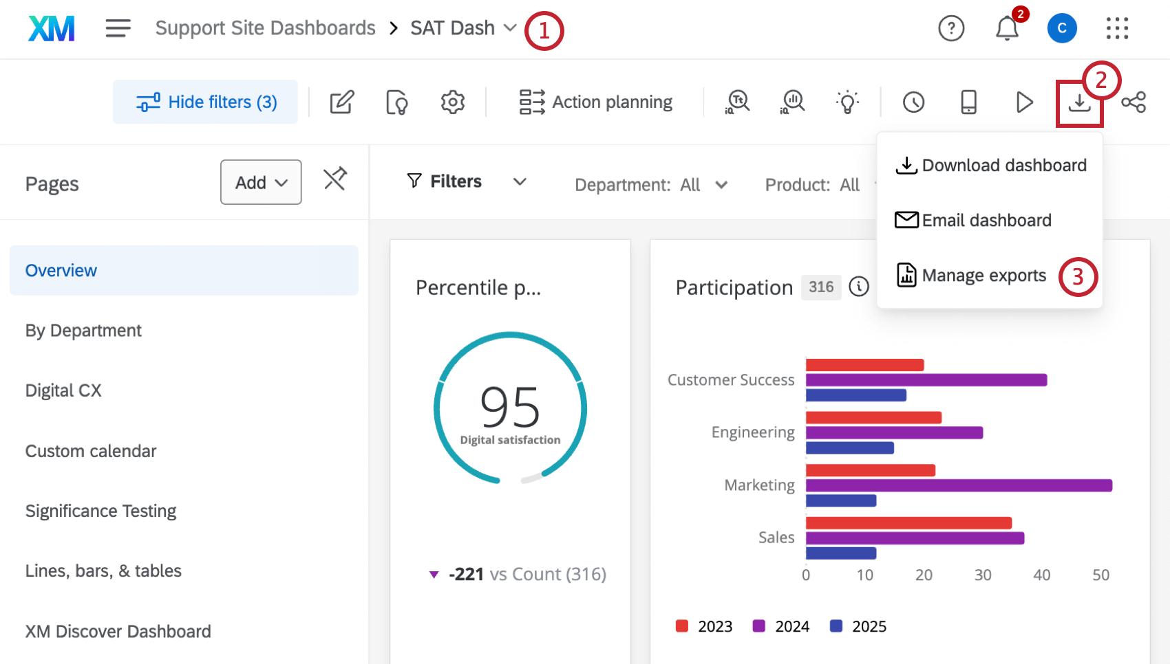download dashboard button with the "manage exports" option highlighted