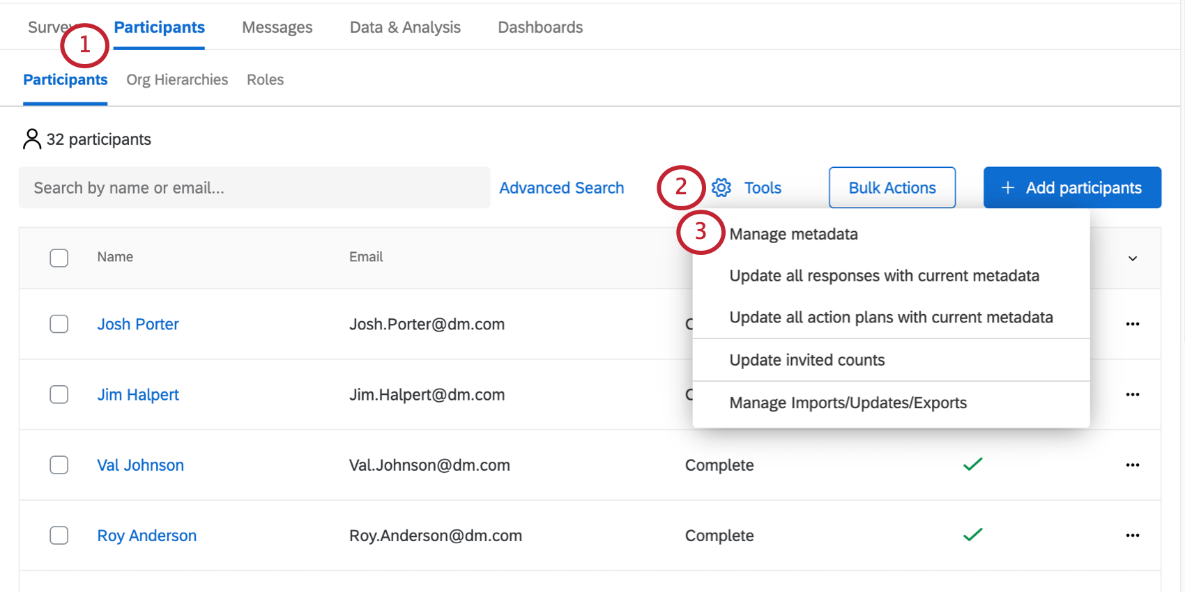 Tools button on Participants tab expanded to reveal Manage Metadata option