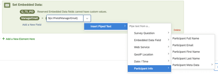 の埋め込みデータフィールドは、ManagerEmail の参加者メタデータと等しく設定されます。